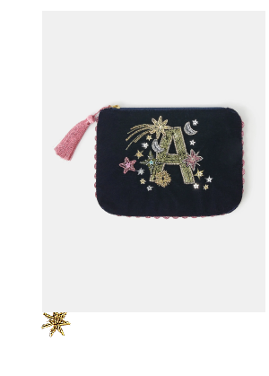 Embellished Initial Velvet Pouch Blue 