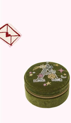 Round Initial Velvet Jewellery Box Green