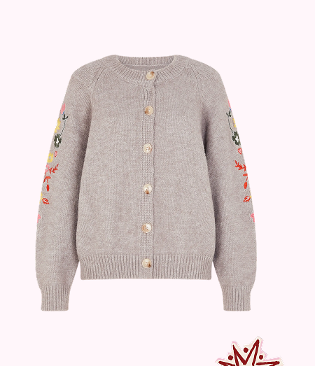 Floral Embroidered Sleeve Cardigan Grey