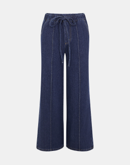 Denim Pintuck Wide Leg Trousers Blue