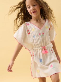 Girls Cherry Embroidered Kaftan White