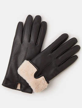 Faux Fur Lined Leather Gloves Black
