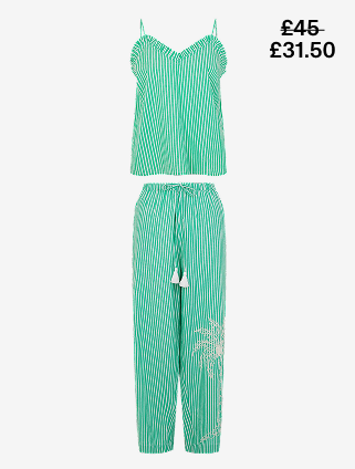 Embroidered Stripe Long Pyjama Set Green