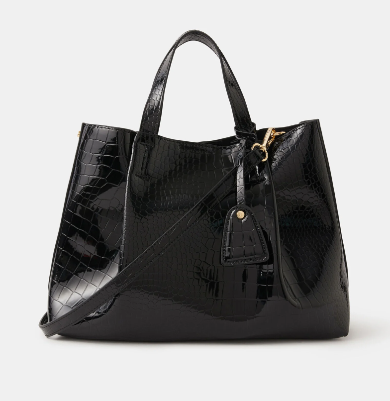 Faux Croc Patent Tote Bag Black