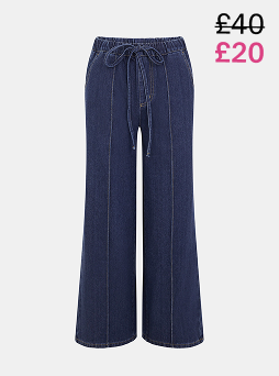 Denim Pintuck Wide Leg Trousers Blue