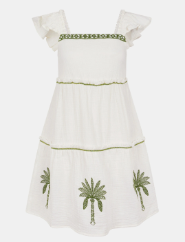 Palm Embroidered Frilly Mini Dress Ivory