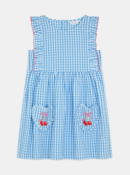 Girls Cherry Gingham Dress Blue