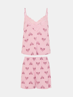 Heart Print Lace Trim Short Pyjamas Set Multi