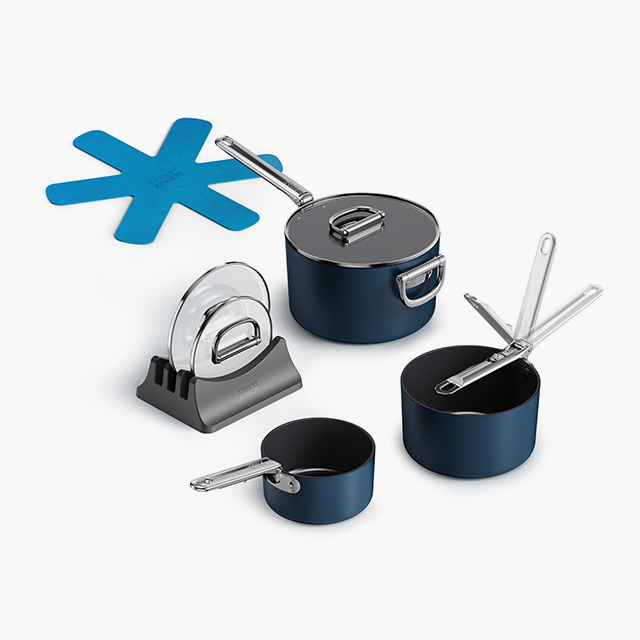 Space Folding Handle Ceramic Non-stick 3-piece Blue Saucepan Set