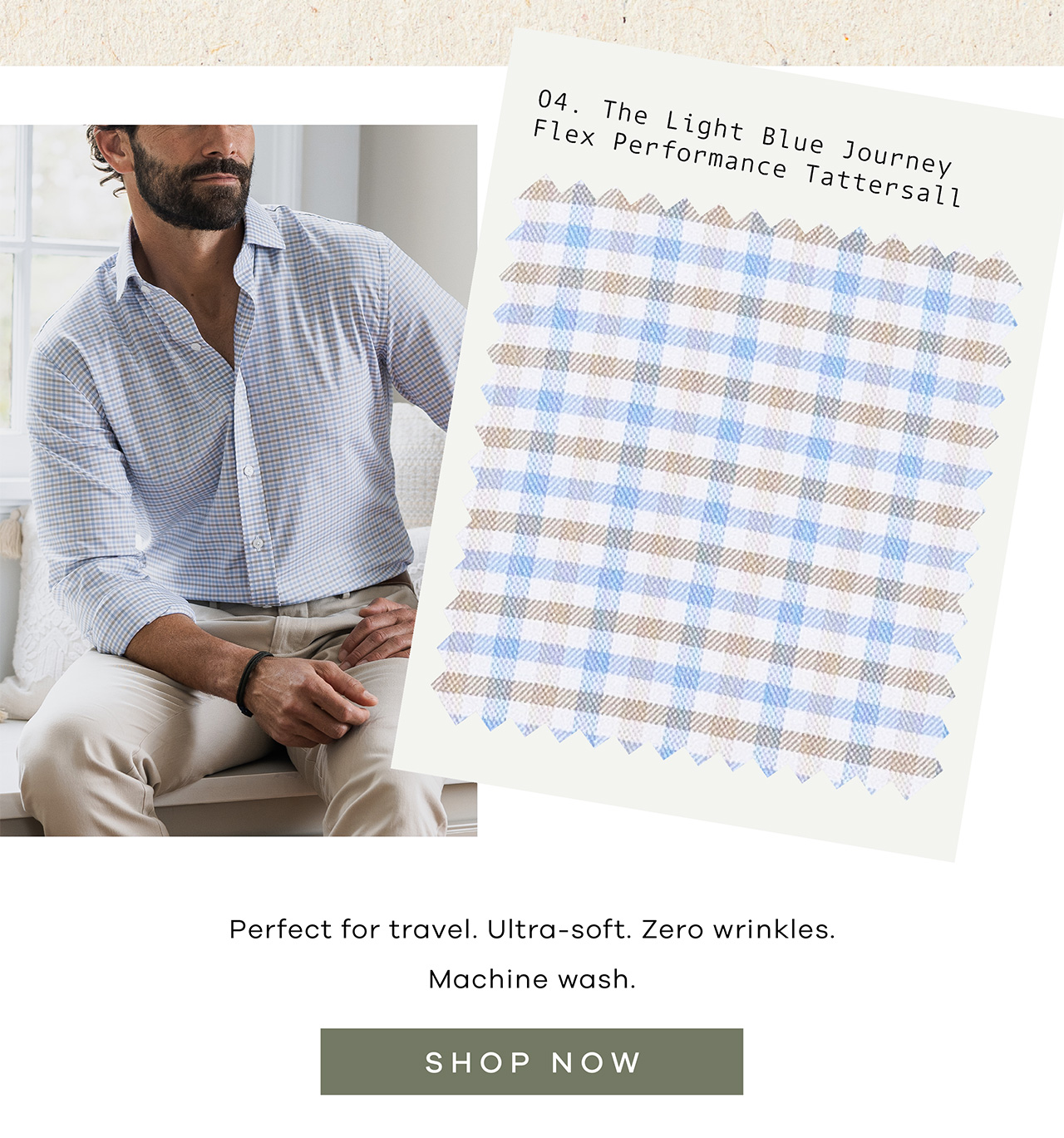 The Light Blue Journey Flex Performance Tattersall Shirt: Perfect for travel. Ultra-soft. Zero wrinkles. Machine wash. SHOP NOW.