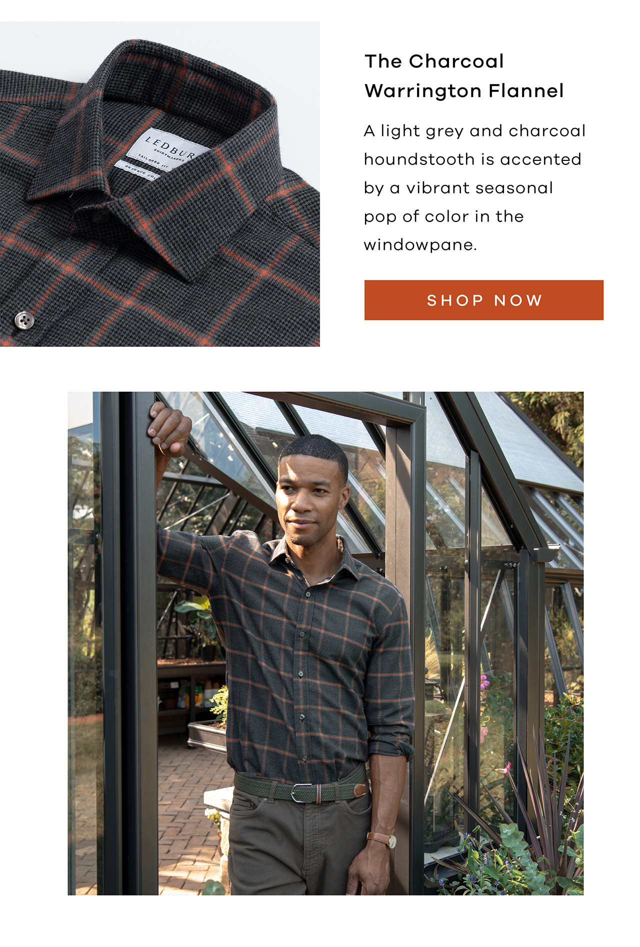 The Charcoal Warrington Flannel A right grey and charcoal houndstooth is accented by a vibrant seasonal pop of color in the windowpane. Shop Now.