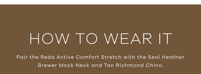 How to Wear It Pair the Reda Active Comfort Stretch with the Seal Heather Brewer Mock Neck and Tan Richmond Chino.
