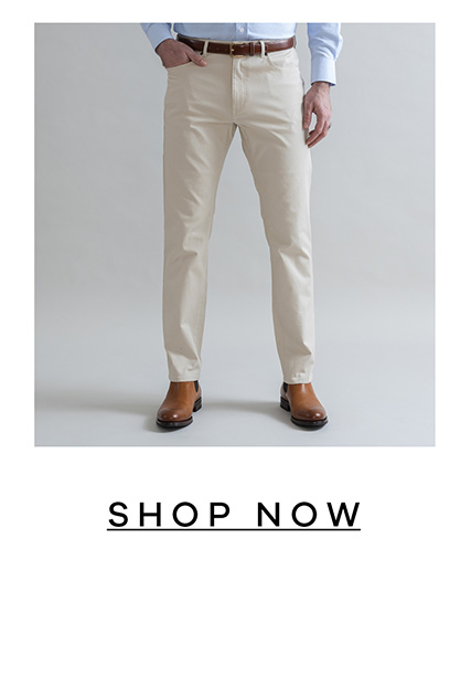 THE TAN STRETCH CANVAS FRANKLIN 5 POCKET PANTS. SHOP NOW.