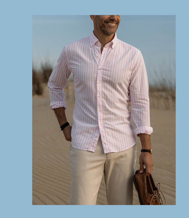 The Pink Barretto Stripe Cotton Linen Custom Shirt on A Model