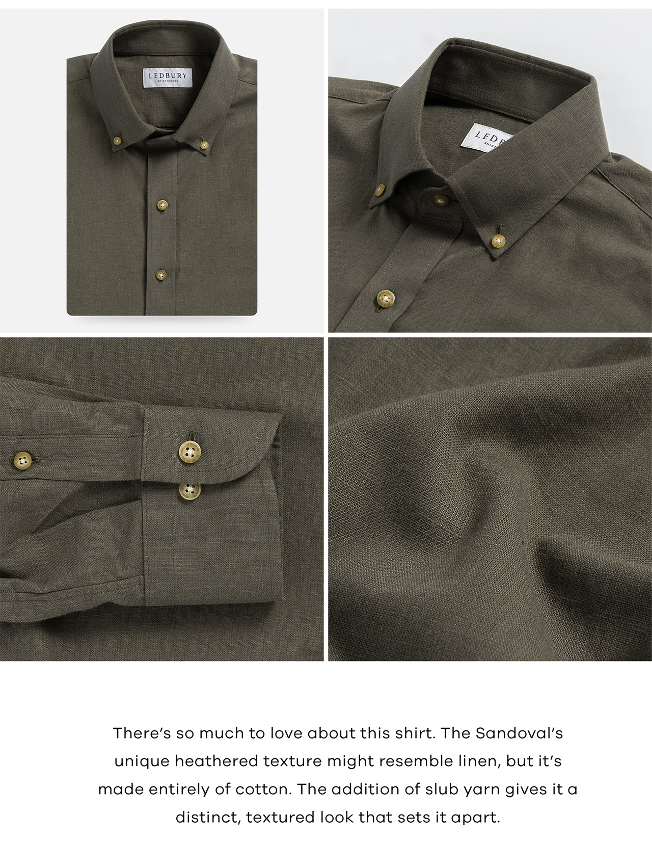 There's so much to love about this shirt. The Sandoval's unique heathered texture might resemble linen, but it's made entirely of cotton. The addition of slub yarn gives it a distinct, textured look that sets it apart.