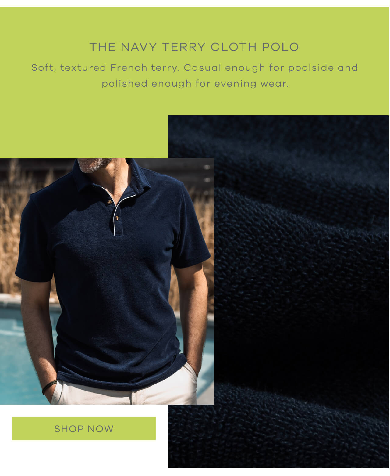 The Navy Terry Cloth Polo | Soft, Textured French Terry. Casual Enough for Poolside and Polished Enough for Evening Wear. [Shop Now]