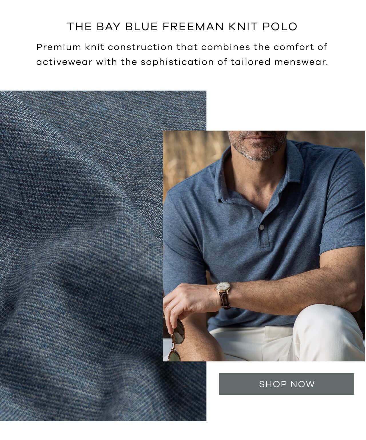 The Bay Blue Freeman Knit Polo | Premium Knit Construction That Combines the Comfort of Activewear With the Sophistication of Tailored Menswear. [Shop Now]