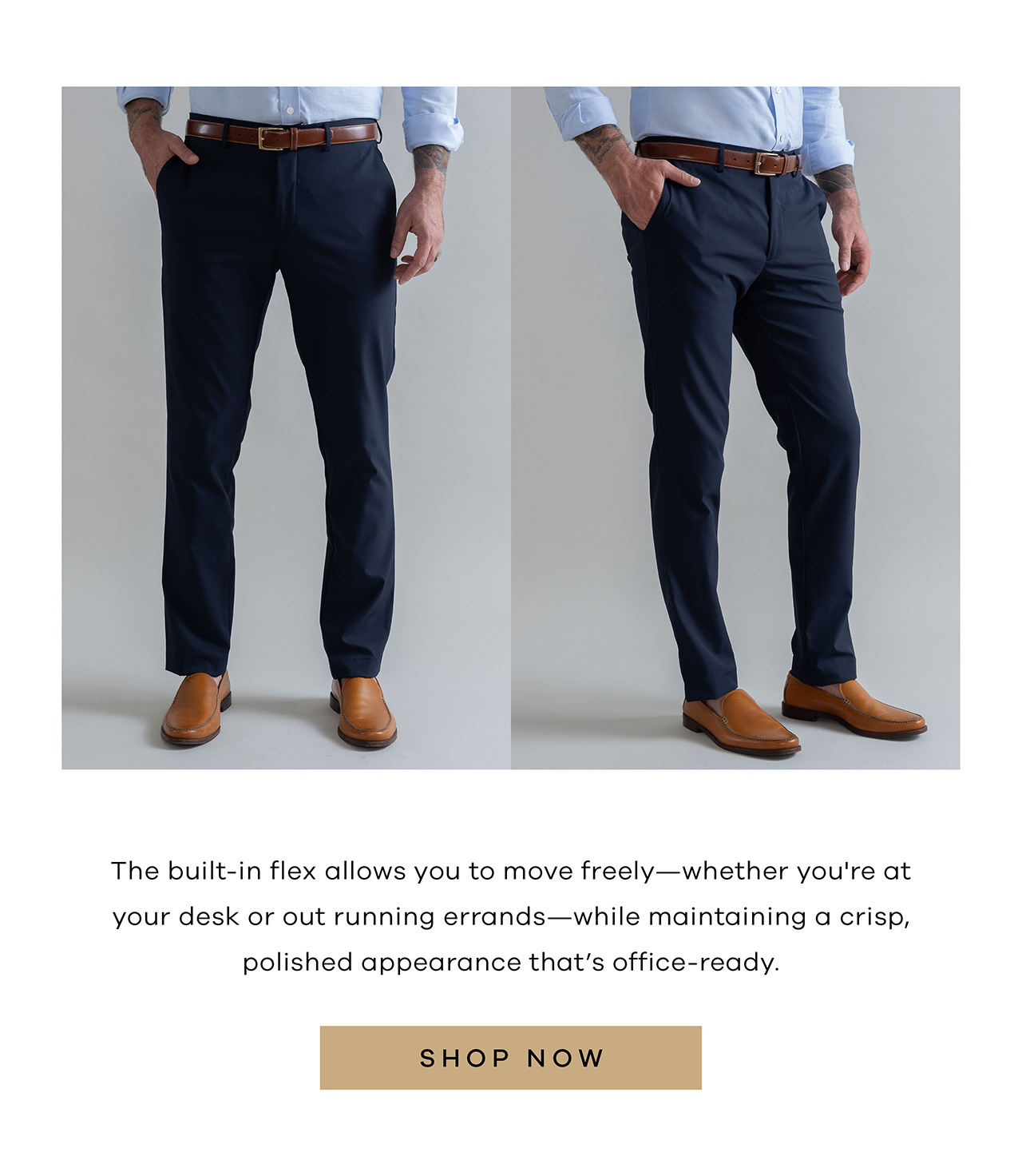 The built-in flew allows you to move freely - whether you're at your desk or out running errands - while maintaining a crisp, polished appearance that's office ready. SHOP NOW.