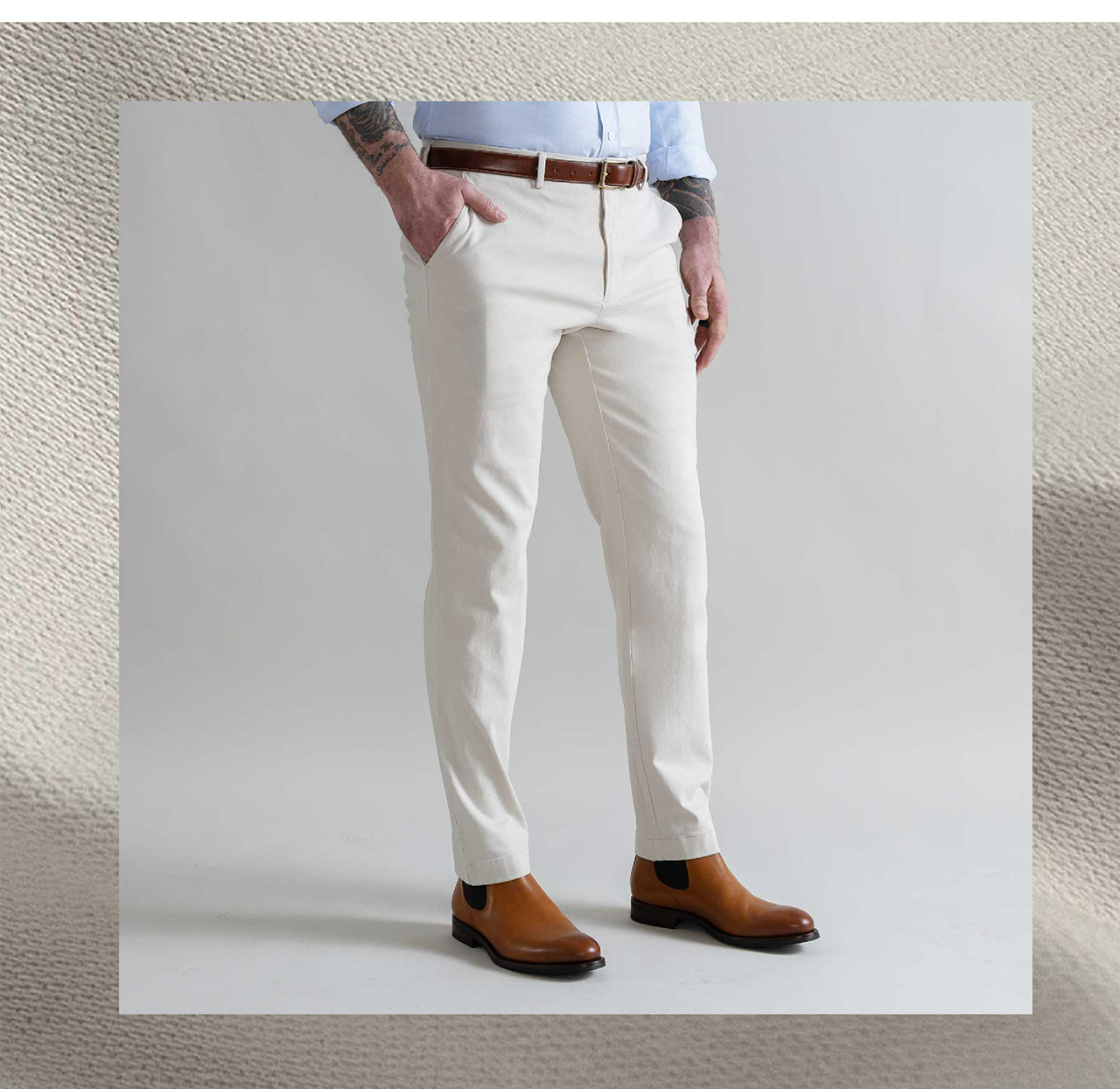 The Light Khaki Stretch Chino on model