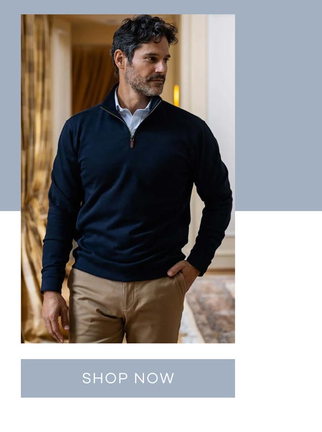 The Navy Quarter Zip Sweater. SHOP NOW.