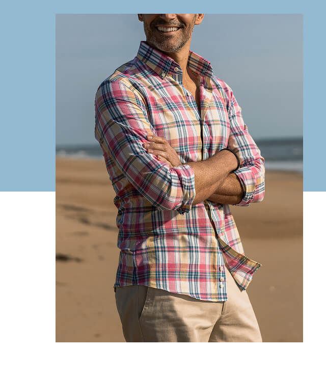 The Pink Leclair Madras Plaid Custom Shirt On A Model