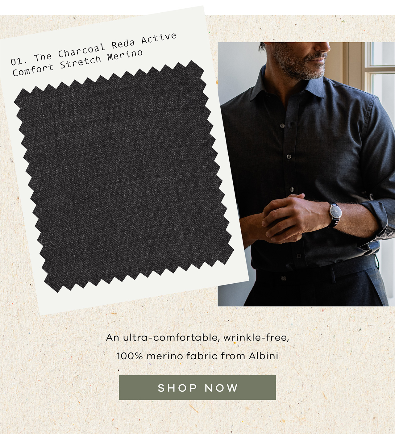 The Charcoal Reds Active Merino: An ultra-comfortable (never stretchy), wrinkle-free, 100% merino fabric from Albini. SHOP NOW