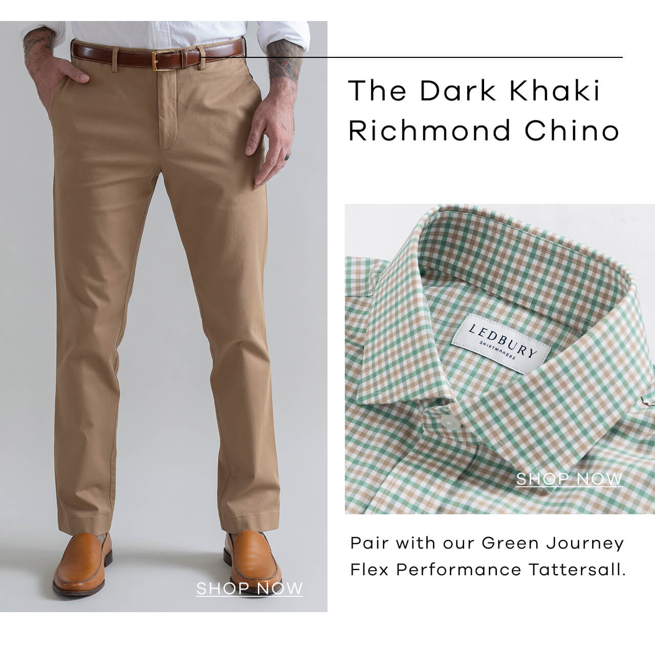 The Dark Khaki Richmond Chino | Pair With Our Green Journey Flex Performance Tattersall. Shop Now!