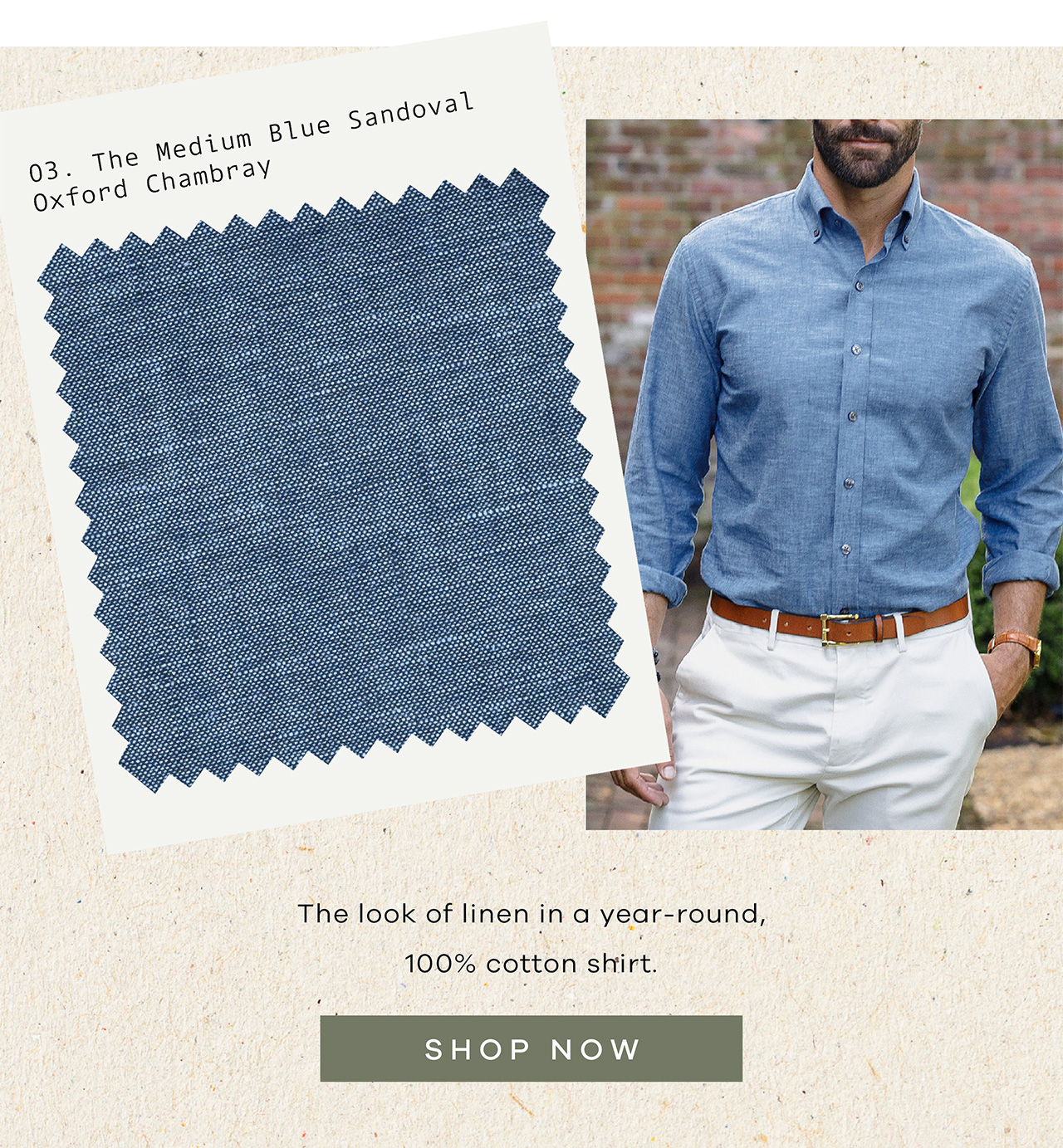 The Medium Blue Sandoval: The look of linen in a year-round, 100% cotton shirt. SHOP NOW