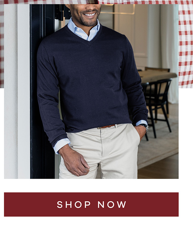 The Navy Emmons V-Neck Sweater. SHOP NOW.