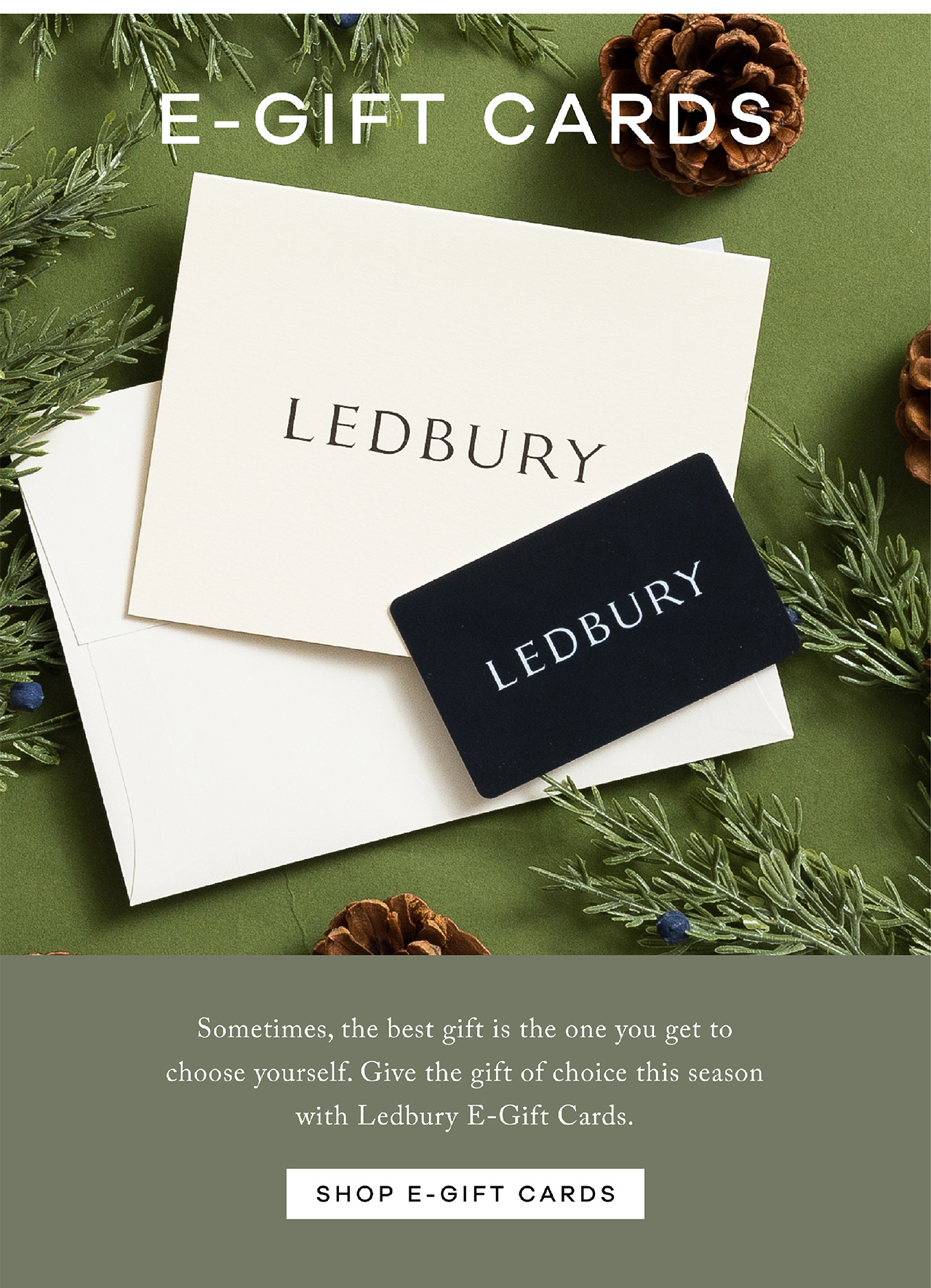 E-GIFT CARDS. Sometimes the best gift is the one you get to choose yourself. Give the gift of choice this season with Ledbury E-Gift cards. SHOP E-GIFT CARDS. 