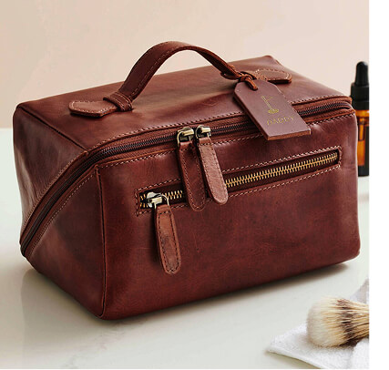 Personalised Leather Lay Flat Wash Bag With Gold Hobby Illustration Tag