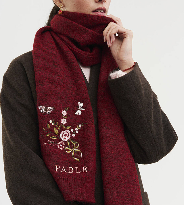 Eve Floral Embroidered Knitted Scarf In Red Marl
