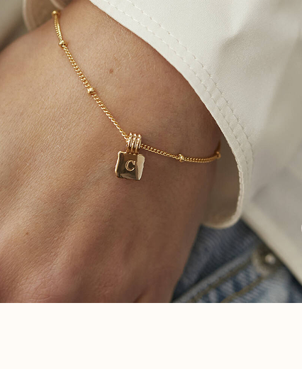 Initial Square Charm Bracelet In Silver Or Gold Vermeil